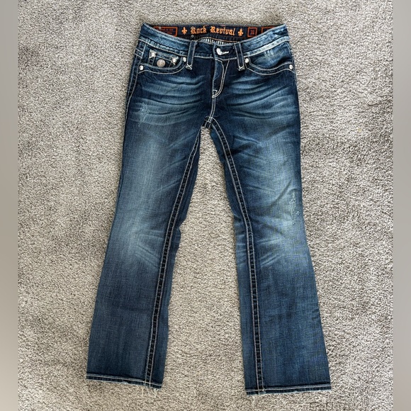 Rock Revival Jeans Jen Boot 31x30 Blue Medium Dark Wash Denim Whiskering - Picture 1 of 10